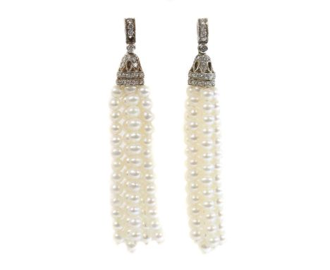 A pair of Continental cultured freshwater pearl and diamond tassel earrings,with six rows of cultured freshwater pearls, all 