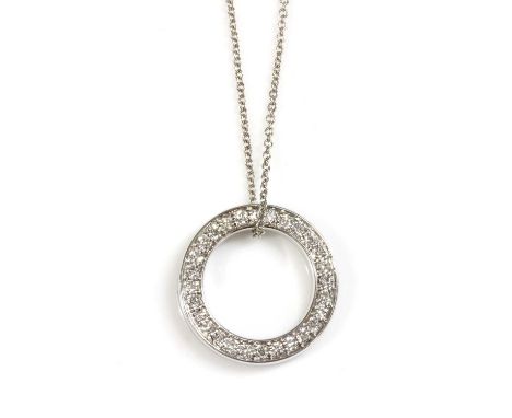 An 18ct white gold diamond set circle or hoop slider pendant,with a row of brilliant cut diamonds, with a stated total diamon