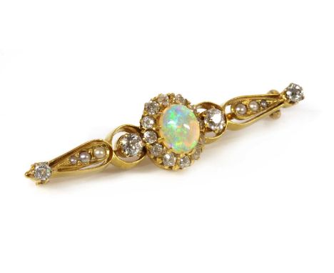 A Victorian opal, diamond and split pearl gold bar brooch,with an oval cabochon opal, surrounded by old Swiss cut diamonds, c