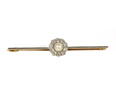 A pearl diamond daisy cluster bar brooch, c.1920,with a split pearl, grain set to the centre. A border of Swiss cut diamonds,