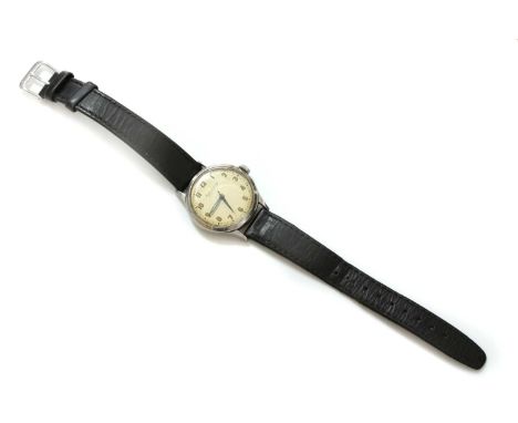 A gentlemen's stainless steel Jaeger-LeCoultre mechanical strap watch,with a 33.5mm case. A silvered dial with luminous Arabi