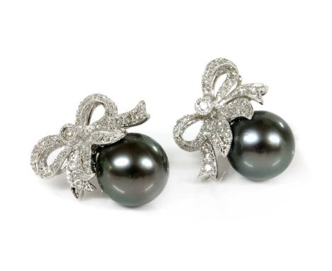 A pair of 18ct white gold Tahitian cultured pearl and diamond stud earrings,from the 'Bow Soiree Collection', by Braybrook &a