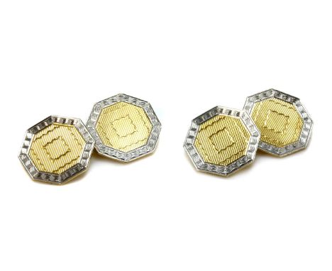 A pair of Art Deco octagonal chain-link cufflinks,with a flat section plate with engine turned decoration to white engine tur