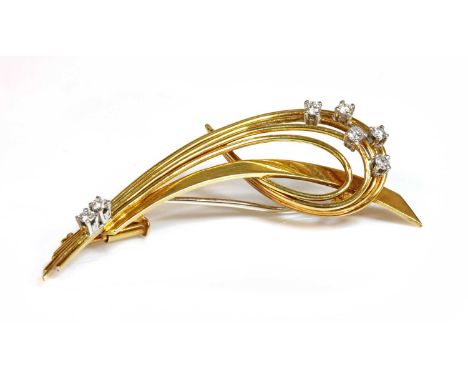 A Continental gold diamond set spray brooch,with five rows of looped, gathered wire overlaying a tapered bar. Scattered brill