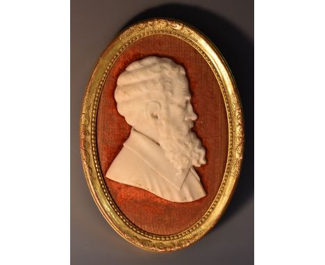 A 19th century Italian Grand Tour marble portrait profile, of Michelangelo, after Enea Vico, bust-length, red mount, oval gil