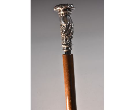 A gentleman's silver-plated and hardwood sword stick, 27cm cruciform blade, lotus-capped pommel cast with a grasping hand, 91