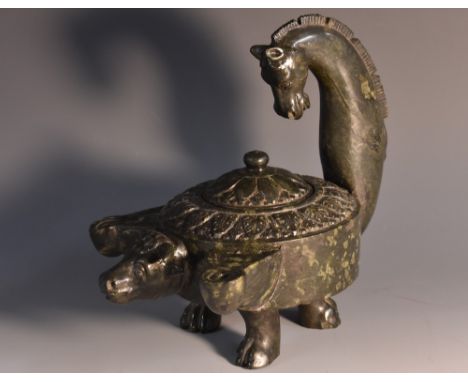 An early 19th century Italian Grand Tour serpentine ink well, as an Ancient Classical oil lamp, flying scroll handle terminat