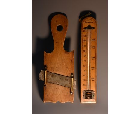 Treen - a 19th century sycamore cucumber slicer, steel blade set at an angle, 23cm long; a 19th century boxwood thermometer, 