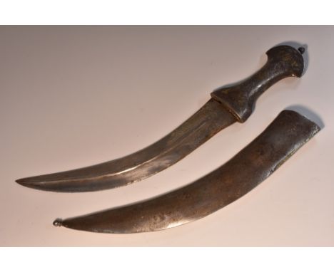 A 19th century Indian khanjar, 27.5cm curved raised-fullered blade, steel hilt and scabbard lightly damascened in gold and si