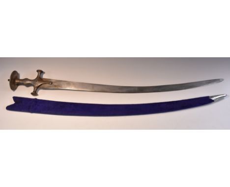 A 19th century Indian tulwar, 77cm curved blade, typical steel hilt with spiked disc pommel, 91cm long overall, later purple 