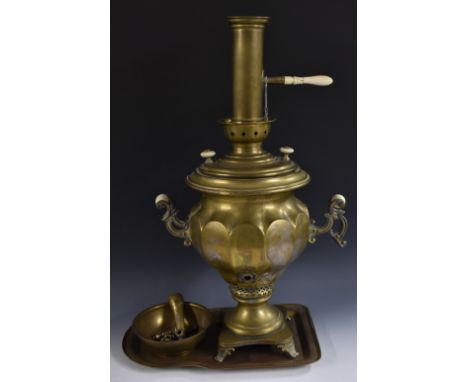 A 19th century Russian brass twin-handled ogee samovar and stand, fluted and lobed reservoir, lift-off cover with everted nec