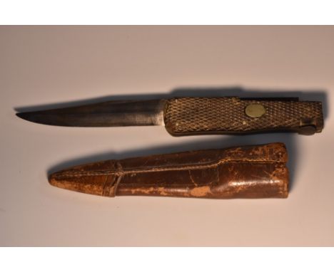 A 19th century folding Bowie-type, 19.5cm blade marked G & J Hawksley Ltd, Sheffield, two-piece chequered grip, leather scabb