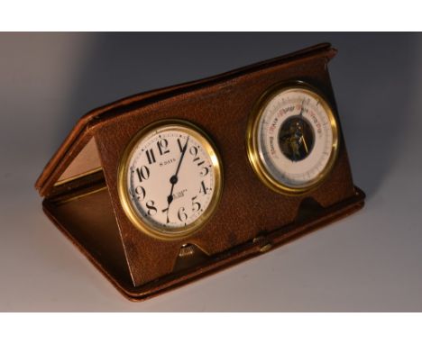 An early 20th century travelling clock and aneroid barometer, retailed by Alexander Clark, London, 5.5cm circular dials, eigh