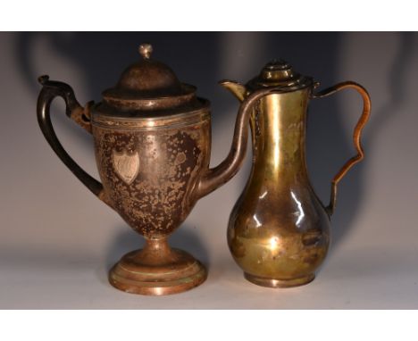 A 18th century Neo-classical Tole-Peite coffee pot, applied with silver shield, domed cover, ball finial, ebonised handle, 26
