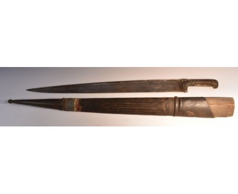 A large 19th century Afghan Khyber knife, 60.5cm straight tapered blade with broad spine, two-piece wooden grip, leather and 