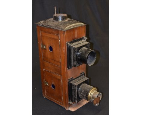 A Victorian mahogany and japanned metal lecturer's double-magic lantern, 73cm high, c. 1890 