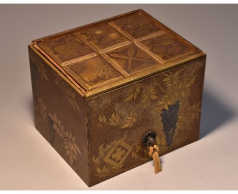 A Japanese black lacquer scholar's rectangular desk caddy, lift-out tray enclosing six rectangular specimen boxes and covers 