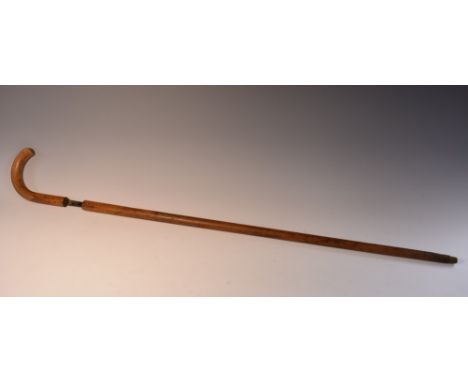 A 19th century malacca gentleman's sword stick, 71.5cm blued and gilt blade, curved handle, 85cm long overall   