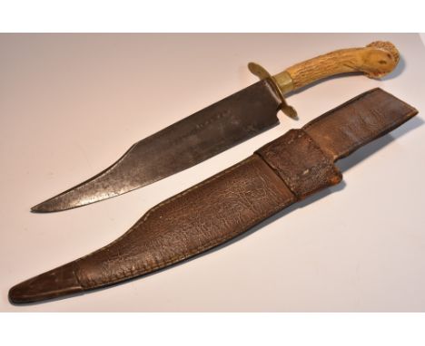 A 19th century Bowie knife, 26.5cm blade stamped J. Bevin, brass guard stag antler, leather scabbard, 45cm long 