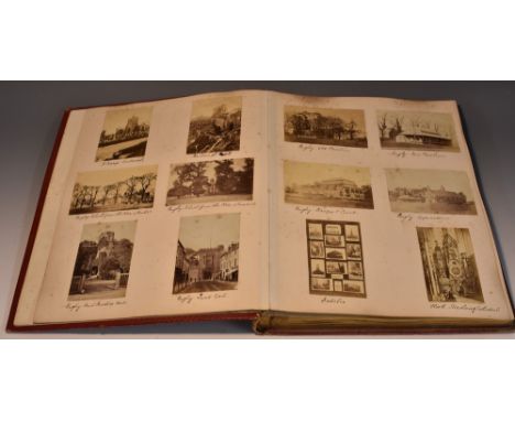 Photography - a Victorian gilt-embossed red morocco leather rectangular photograph album, containing clipped, pasted and anno