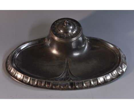 WMF - a German Secessionist silvered metal kidney-shaped inkstand, centred by a domed inkwell cast as a flowerhead with urnul