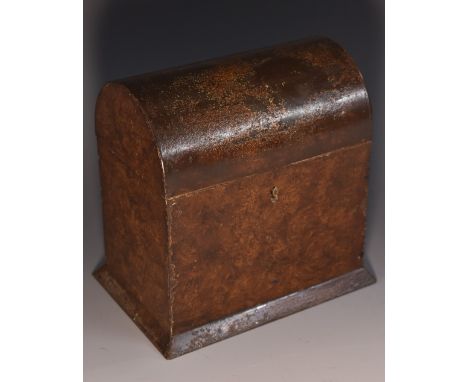 A 19th century tole ware rectangular tea caddy, hinged cover enclosing twin compartments, spreading base, japanned overall in