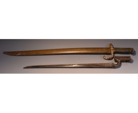 A Brown Bess socket bayonet, 43cm straight triform blade, marked UM, 53cm long overall; a French chassepot bayonet, 55cm serp