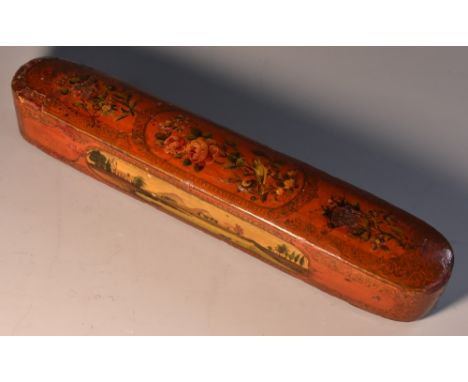 A post- Regency japanned papier mache 'qalamdan' pen box, of Persian influence, decorated in polychrome with birds and summer