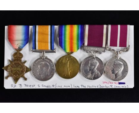 Medals, WW1 Trio, Notts & Derby, LSGC & Meritorious Medal, S. Staffs, group of five, 1914-1915 Star (30048 Pte. B. Priest, No