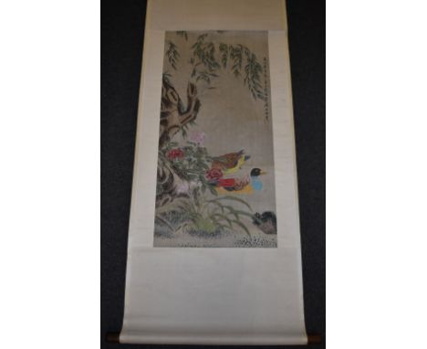 Chinese School (20th century), scroll, Waxwings, Magpies, Blossom Trees and Foliage, inscribed with script, red seal marks, h