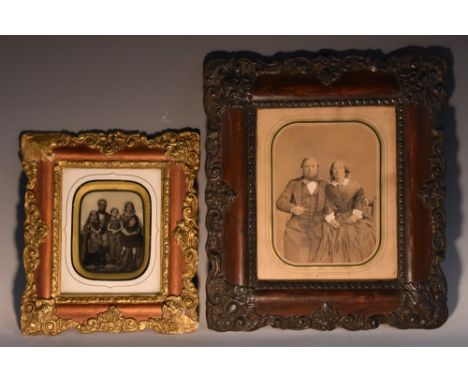 Photography - a 19th century glass plate portrait, family group, mother, father and three children, 8.5cm x 7cm, framed; anot