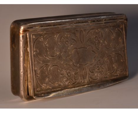 A 19th century French silver snuff box, hinged cover engraved with leafy strapwork, engine turned base, 8cm wide, c.1830