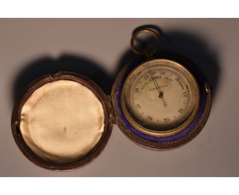 A 19th century brass travelling pocket aneroid barometer, 4.5cm silvered register, 7.5cm over loop, morocco case