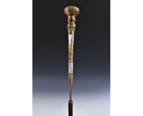 A late 19th century yellow metal, mother of pearl and bamboo gentleman's sword stick, globular handle, 89cm long    Condition