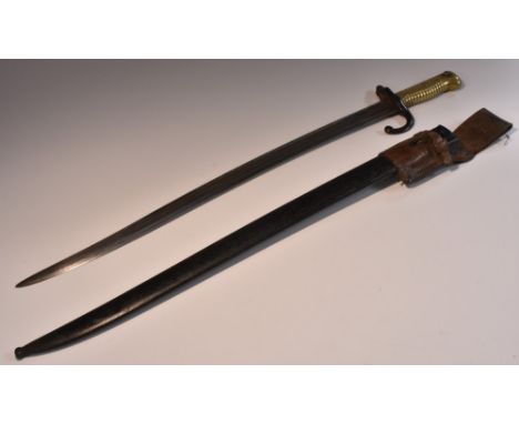 A French chassepot bayonet, 57.5cm serpentine fullered blade, curved quillon, ribbed brass grip, steel scabbard, correspondin