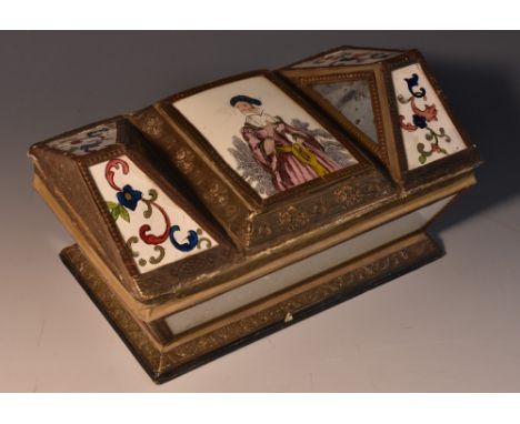 A 19th century French reverse painted glass, card and gilt metal shallow sarcophagus vanity box, architectural cover centred 