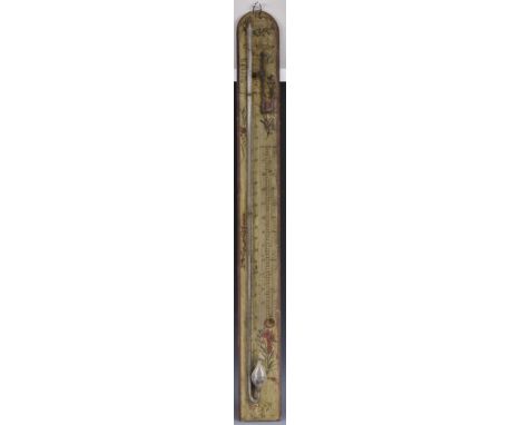 A late 18th century French Provincial stick barometer, inscribed register, mercury thermometer, rounded cresting, painted thr