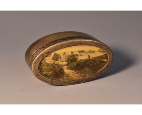 A Victorian EPNS Named-View oval snuff box and cover, The Common, Tunbridge Wells, [Kent], push cover with inset photogravure