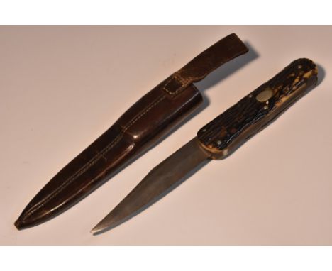 A Victorian Army & Navy C.S.L. Bowie knife, 18.5cm locking blade, two-piece antler grip, 30.5cm long overall extended, leathe