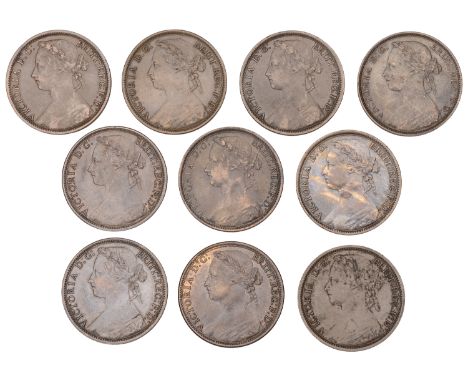 Victoria (1837-1901), Pennies (10), 1875 (2, wide and narrow dates), 1875h, 1876h, 1877-80, 1881h (F 79, 80, 85, 89, 91, 94, 