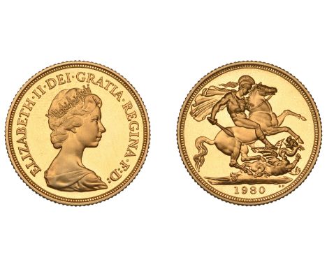 Elizabeth II (1952-2022), Sterling issues, Proof Sovereign, 1980 (M 311A; S SC1). Finger-mark on obverse, otherwise brilliant