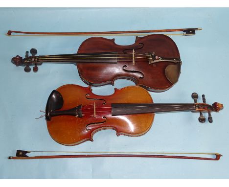 A full-size violin copy of Nicholas Amati, with two-piece back and two replacement pegs, with bow, in case and a copy of Anto