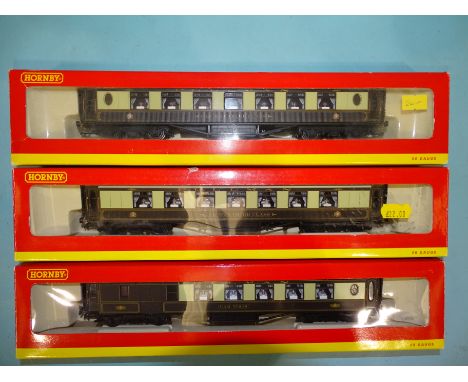 Hornby OO gauge, three boxed Pullman coaches with lighting: R4144, R4144A and R4166, (3). 