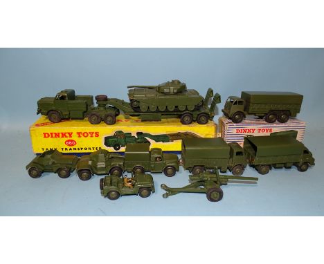 Dinky, 660 Tank Transporter and 622 10-ton Army Truck, both boxed, with 651 Centurion Tank, Army Trucks 621, 623 and 641, 670