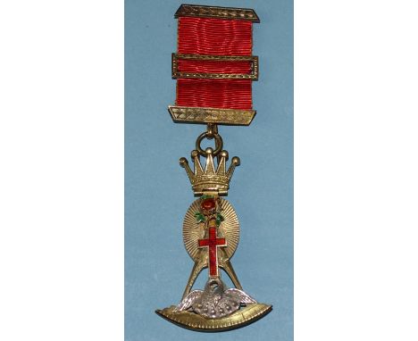Masonic interest, a Rose Croix breast jewel, silver-gilt and enamel, by G Kenning &amp; Son, London 1909, in box, 6.5cm x 11.