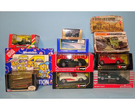 Three Burago 1:24 scale diecast sports cars, a Britains 9786 US Jeep, a Corgi Weetabix Collection, other diecasts, (all boxed