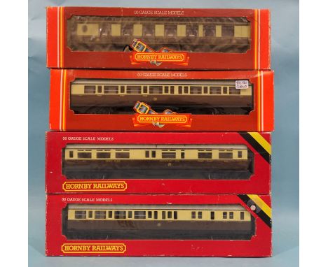 Hornby OO gauge, four boxed GWR chocolate/cream coaches: R436, R454, R456 and R479, with lighting, (box a/f), (4). 