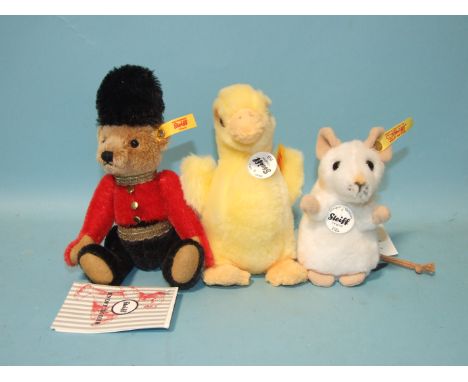 Three small Steiff animals: "Piff" duckling, "Pilla" mouse and a teddy guard, all with ear tags and labels, (no boxes), (3). 