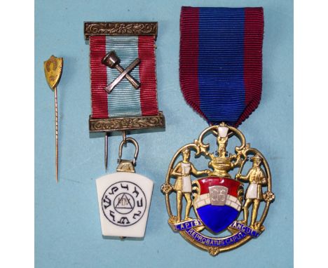 Masonic interest, a Provincial Mark Master Mason's breast jewel, on silver-mounted ribbon and a silver-gilt and enamel pierce