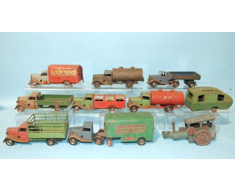 Eight Minic commercial trucks, one steamroller, (roller missing) and a caravan, (all in poor condition), (10). 